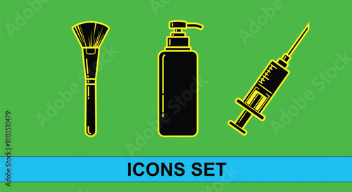Beauty health care icons set makeup brush serum and injection art