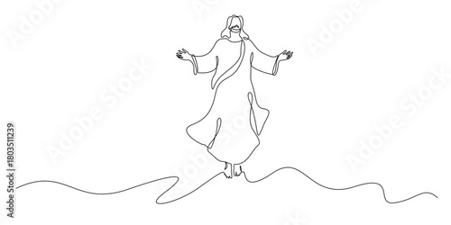 continuous line of Jesus with open arms.
single line drawing of Jesus for his people.single line depicting the theme of faith, hope, divinity, and inspiring religious symbolism.