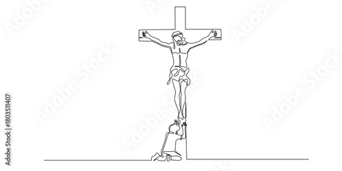 continuous line of a child praying under the cross of Jesus. One line vector illustration of Christian religion. Belief, help and church.