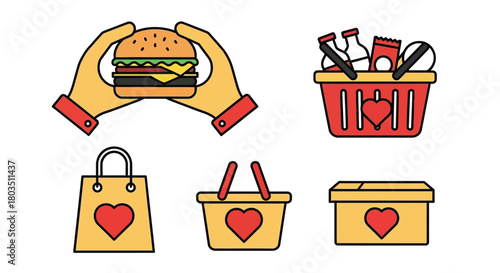 Online food delivery shopping basket burger box bag vector art