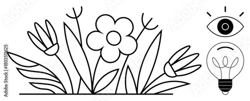 Hand-drawn flowers and leaves arranged in a garden layout, paired with eye and light bulb symbols. Ideal for creativity, vision, growth, mindfulness, innovation, nature and abstract ideas. Simple