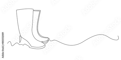 Continuous line illustration of rubber boots.
One line drawing in a simple minimalist style, suitable for outdoor themes, farming concepts, and work safety elements.