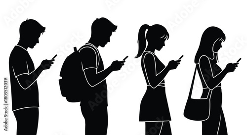 Silhouette people using smartphones mobile phone addiction vector