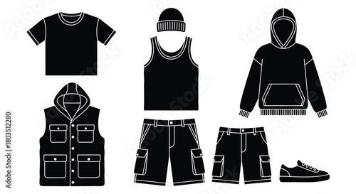 Clothing apparel vector set t shirt hoodie shorts and sneakers