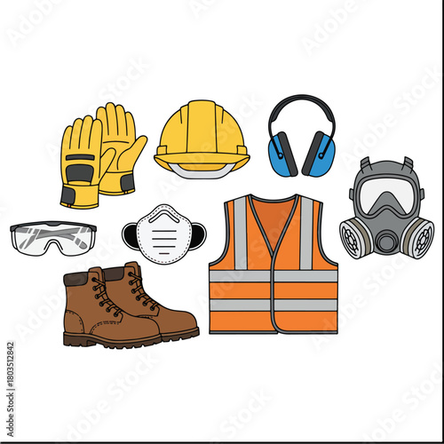 Collection of Personal Protective Equipment for Safety and Industrial Work.