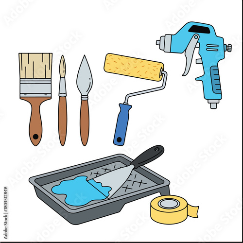 Collection of Painting and Decorating Tools for Home Improvement Projects.