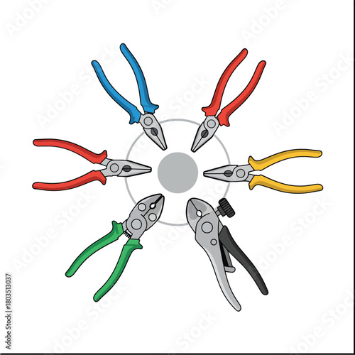 Collection of Various Pliers Arranged in a Circle.