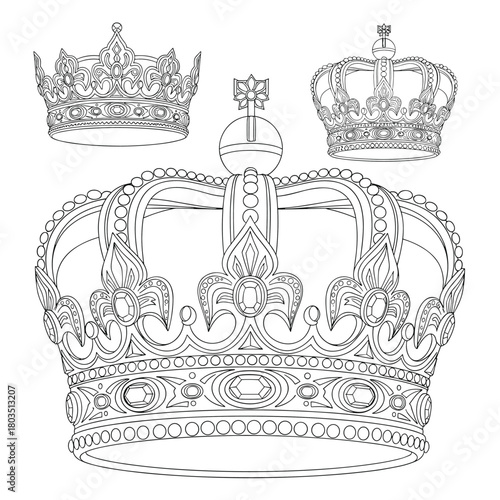 An intricate collection of four diverse royal crowns presented as elegant black and white line art drawings, symbolizing monarchy, power, and timeless luxury.