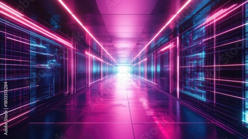 Fototapeta Naklejka Na Ścianę i Meble -  Futuristic neon digital tunnel creating a cybersecurity concept