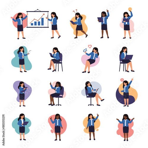 Illustrations of diverse businesswomen in various professional settings, showcasing multitasking, teamwork, innovation, and career growth in a dynamic workplace.