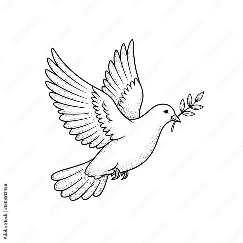 Fototapeta premium A gracefully depicted white dove, rendered in a classic stippling illustration style, flies with an olive branch in its beak, symbolizing peace and hope.