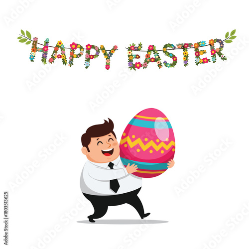 A cheerful cartoon man in a shirt and tie happily carries a vibrantly decorated oversized Easter egg, with a floral \.