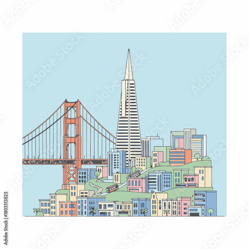 A colorful line art illustration depicting the iconic San Francisco skyline with the Golden Gate Bridge, Transamerica Pyramid, and charming city buildings on rolling hills.