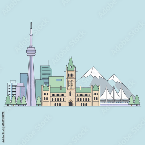 Stylized illustration of iconic Canadian landmarks including the CN Tower, Parliament Building, and mountains, representing various regions of Canada.