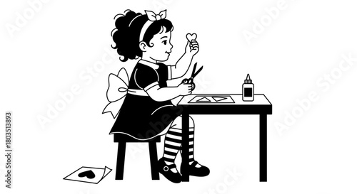 Illustration of girl doing crafts cutting heart with scissors