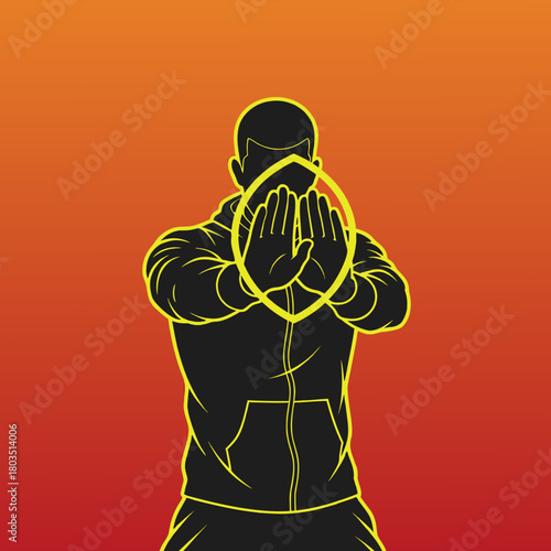 A graphic illustration of a person in a hoodie with hands raised in a protective gesture, surrounded by a yellow shield outline on an orange and red background.
