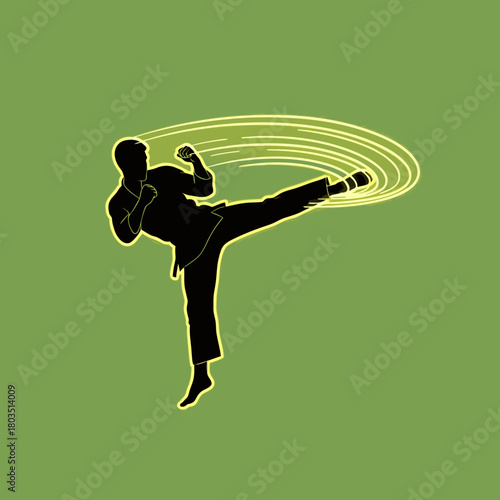 Black silhouette of a person performing a dynamic martial arts side kick with motion lines on a green background.