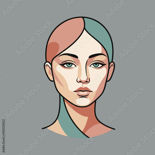 A stylized vector illustration of a woman's face with split-colored hair and a minimalist aesthetic, set against a plain grey background.