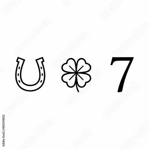 Three black outline symbols of luck: a horseshoe, a four-leaf clover, and the number seven on a white background.