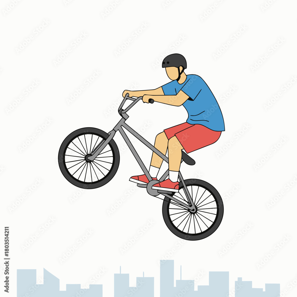 Fototapeta premium A person in a helmet and casual clothes riding a BMX bike, performing a wheelie above a city skyline illustration.