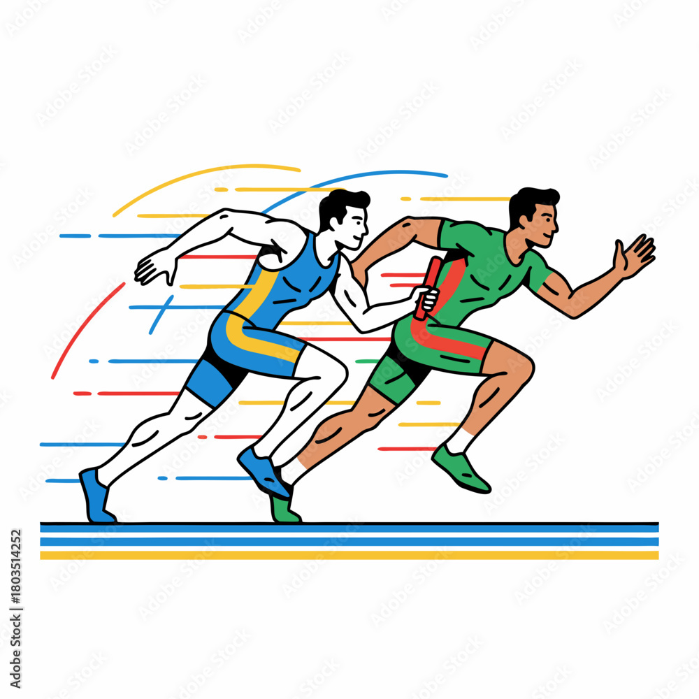 Obraz premium Two male athletes in a relay race, one passing a baton to the other on a track with speed lines.