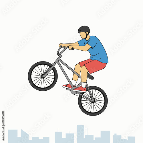 A person in a helmet and casual clothes riding a BMX bike, performing a wheelie above a city skyline illustration.