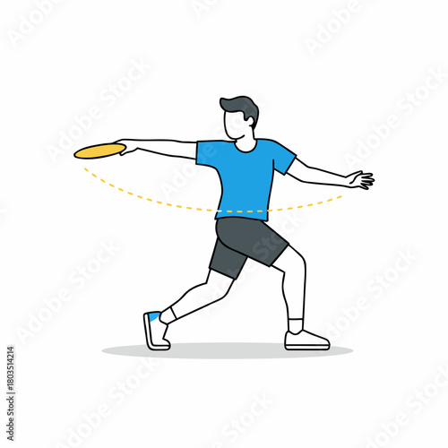 A man in athletic wear throwing a frisbee with a backhand motion, illustrated with a dotted line showing the disc's path.