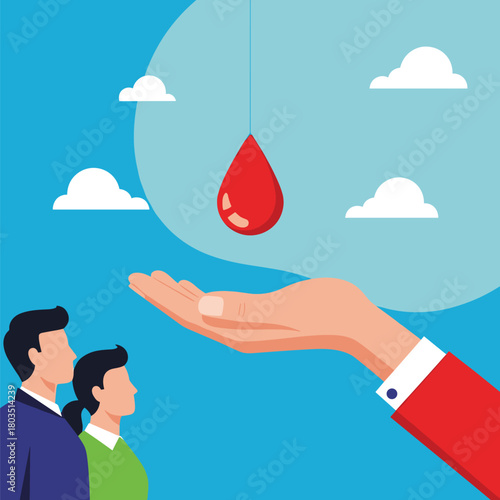 An outstretched hand is poised to collect a suspended blood drop, symbolizing the critical importance of blood donation and its life-saving impact, as two individuals observe the act.