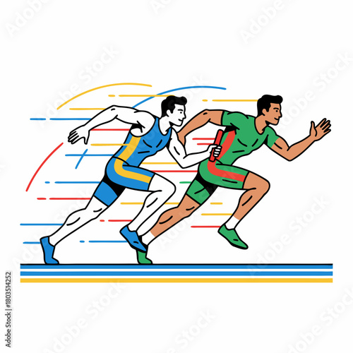 Two male athletes in a relay race, one passing a baton to the other on a track with speed lines.
