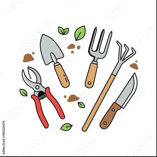 Set of Garden Tools and Supplies for Planting and Cultivation.