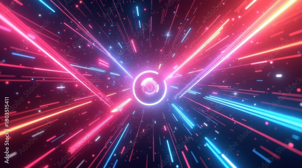 Fototapeta premium Abstract neon light tunnel with glowing geometric shapes and streaks