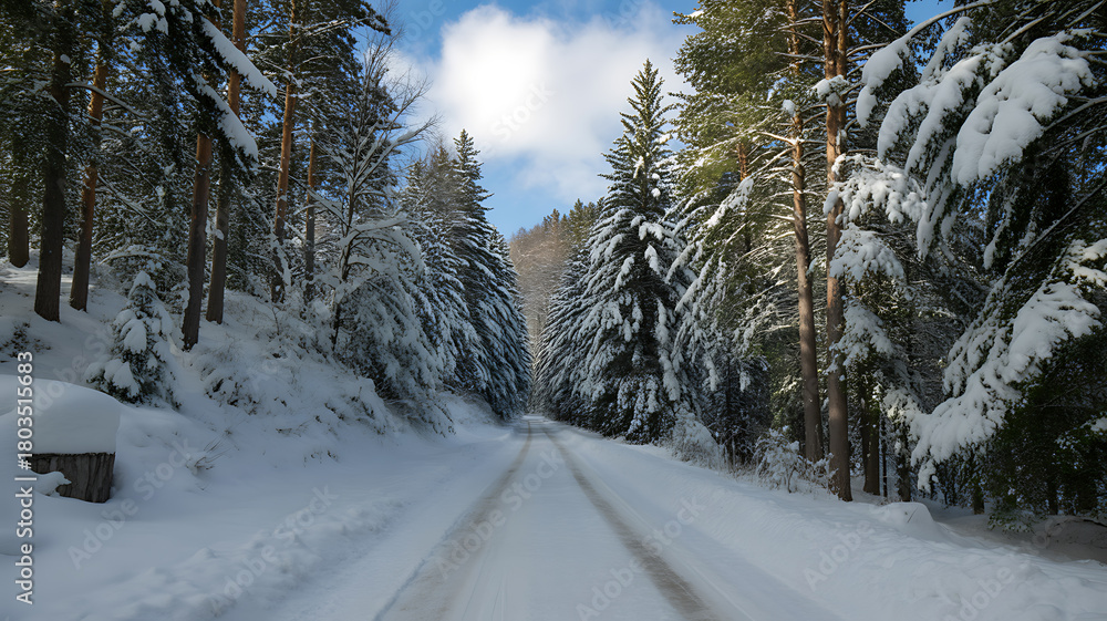 Fototapeta premium Snowy forest road with tire tracks and tall pine trees snow, winter, forest, road