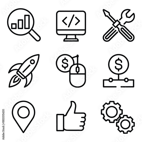 Business and Technology Icon Set for Growth Development and Support Concepts