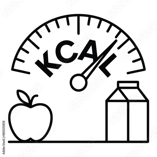Calorie counter with apple and milk carton healthy eating concept