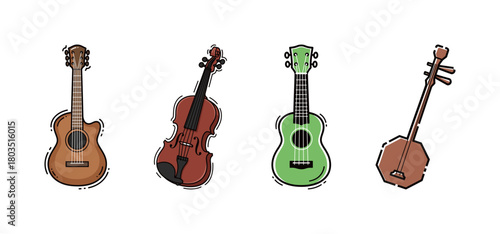 Abstract Flat Cartoon Minimalist Doodle Style Vector Illustration of Various Stringed Musical Instruments including Guitar, Violin, Ukulele, and Sanxian.