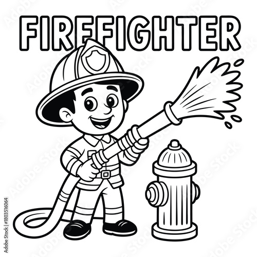 Cartoon Firefighter Illustration for Coloring Pages and Educational Materials Design
