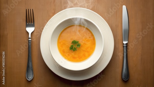 A steaming bowl of soup garnished with herbs, placed on a wooden table, accompanied by a fork and knife.