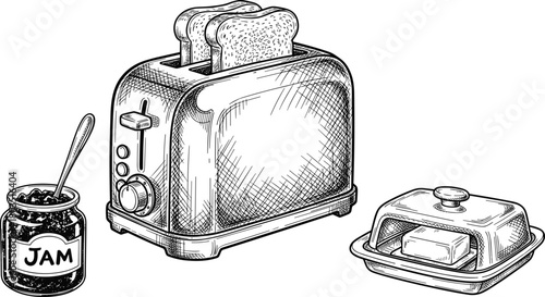 Toaster, breakfast, jam, butter, kitchen appliance, toasted bread, morning meal, cozy scene, vintage sketch, food preparation, spoon, countertop, blue tone, home cooking, rustic style, delicious toast