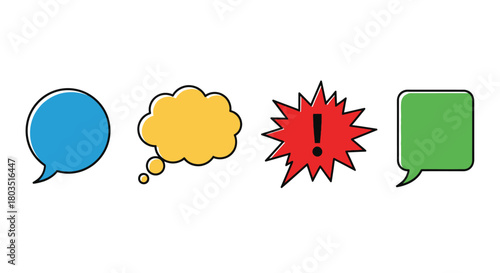 Colorful speech bubbles and thought bubbles illustrate communication and expression