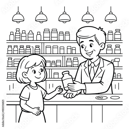Child at the pharmacy counter talking to the pharmacist outline