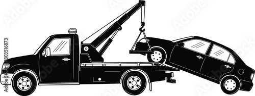 Tow truck lifting car roadside assistance, vehicle recovery service, emergency towing, black sedan breakdown, urban transport solution