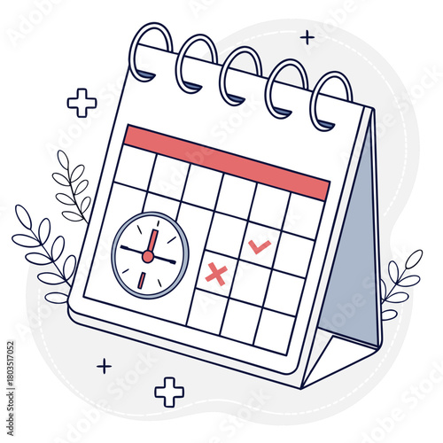Time Management and Planning: A visual representation of a desk calendar, highlighting key dates with checkmarks, time-related details, and artistic foliage, illustrating organization and scheduling.