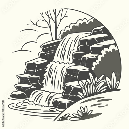 Cascading Water in Nature: A serene, monochrome illustration showcases a waterfall gracefully cascading down rocky ledges amidst natural elements, representing tranquility and nature's beauty.
