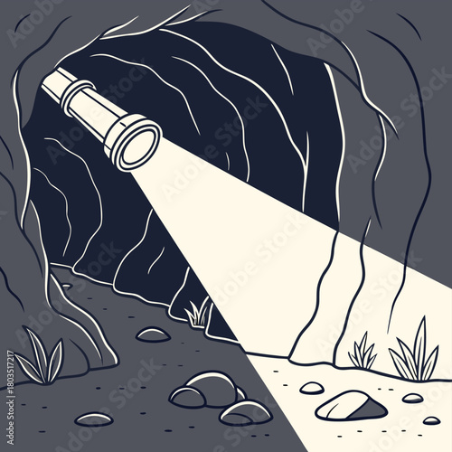Illuminating the Unknown: A beam of light cuts through the darkness of a mysterious cave, revealing the rugged texture of the rocks and a sense of adventure
