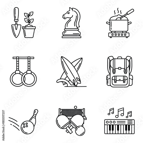Collection of diverse hobby and lifestyle icons for graphic design projects