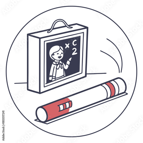 Education illustration: A playful illustration captures the essence of early learning. A vibrant drawing of a school bag containing an educational board with a student and a marker.