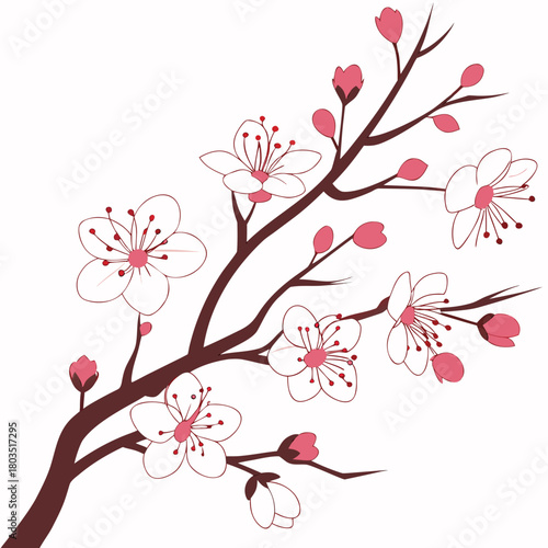 Sakura Branch in Bloom: A delicate sakura branch displays blossoming flowers, conveying serenity and the ephemeral beauty of springtime.