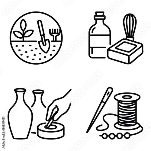 Collection of hobby icons representing gardening soap making pottery and sewing