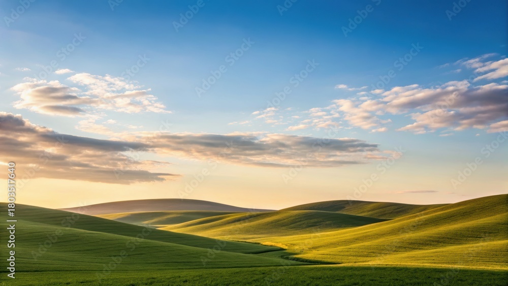 Fototapeta premium Vast green hills under a bright blue sky with fluffy clouds, creating a serene and picturesque landscape.