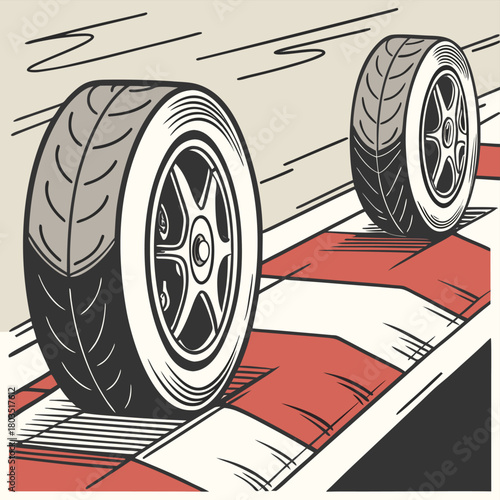 Tire Tracks on Race Track: Two racing tires, leaving tire tracks on a track with painted markings. Emphasizing speed, movement, and the competitive essence of motorsport.